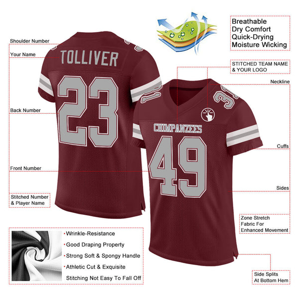 Custom Burgundy Gray-White Mesh Authentic Football Jersey alternate