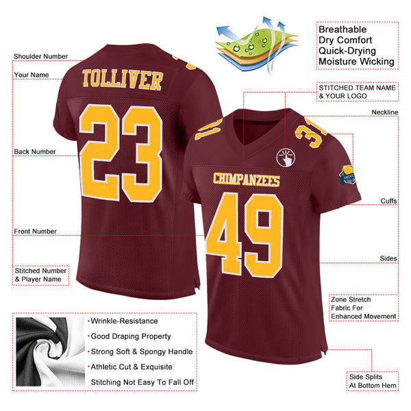 Custom Burgundy Gold-White Mesh Authentic Football Jersey alternate