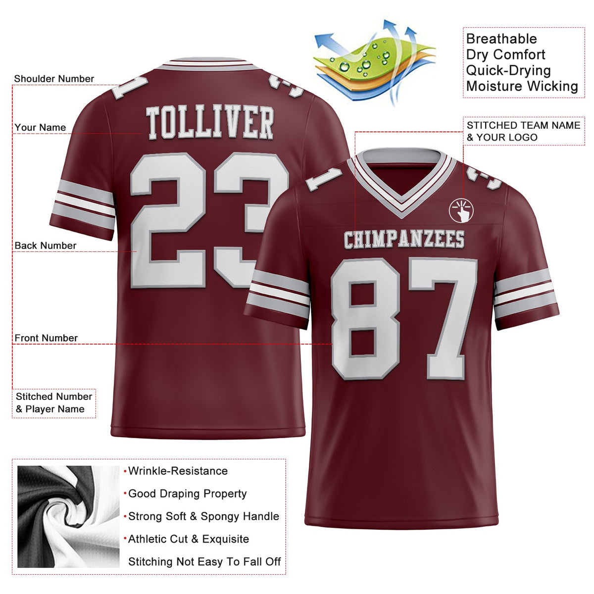Custom Burgundy White-Gray Authentic Football Jersey - Back