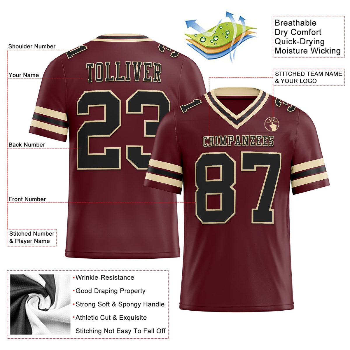 Custom Burgundy Black-City Cream Authentic Football Jersey - Back