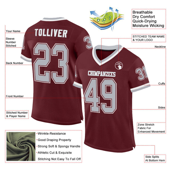 Custom Burgundy Gray-White Mesh Authentic Throwback Football Jersey alternate