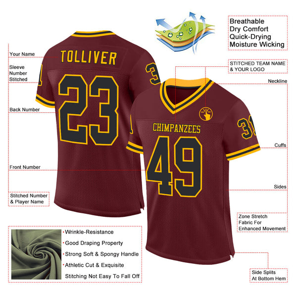 Custom Burgundy Black-Gold Mesh Authentic Throwback Football Jersey alternate