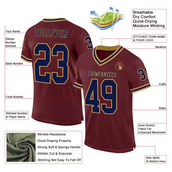 Custom Burgundy Navy-Old Gold Mesh Authentic Throwback Football Jersey alternate