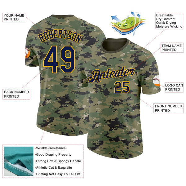 Custom Camo Navy-Gold Woodland Forest Digital Camouflage Pixel Salute To Service Performance T-Shirt alternate