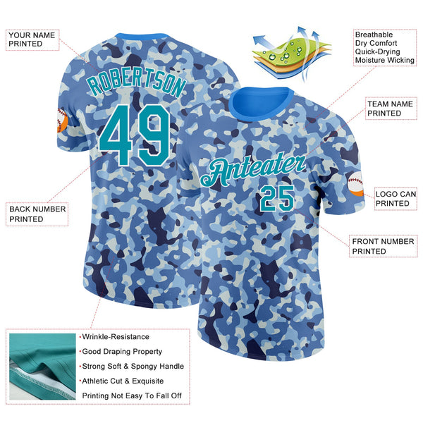 Custom Camo Teal-White Ocean Digital Camouflage Pixel Salute To Service Performance T-Shirt alternate