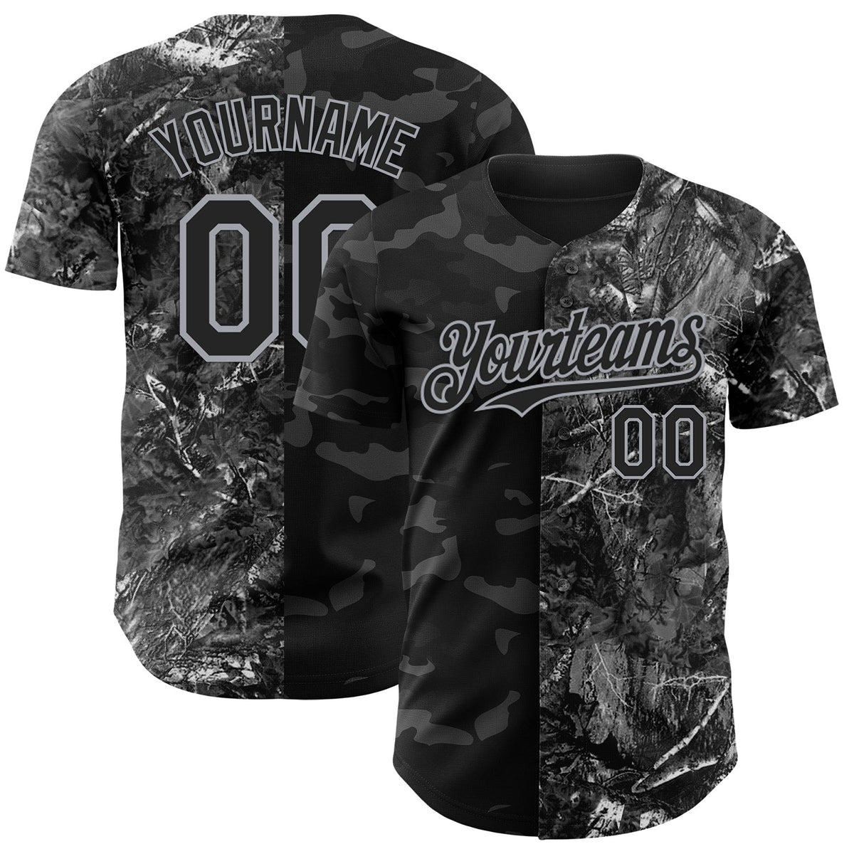 Custom Camo Black-Gray Woodland Forest Split Dark Camouflage Authentic Salute To Service Baseball Jersey