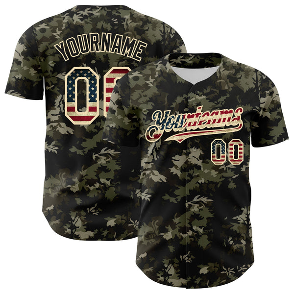 Custom Camo Vintage USA Flag Cream-Black Woodland Forest Tactical Camouflage Outdoor Leaf Authentic Baseball Jersey