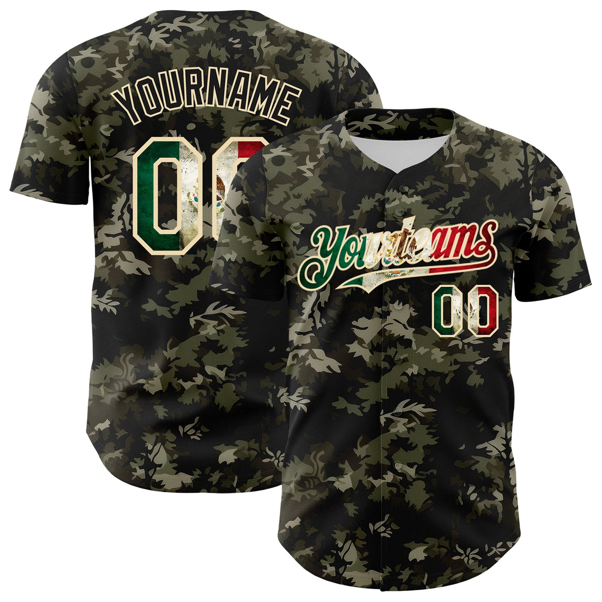 Custom Camo Vintage Mexican Flag Cream-Black Woodland Forest Tactical Camouflage Outdoor Leaf Authentic Baseball Jersey