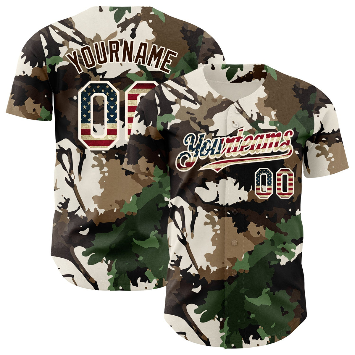 Custom Camo Vintage USA Flag Cream-Brown Woodland Forest Tactical Camouflage Outdoor Leaf Authentic Baseball Jersey