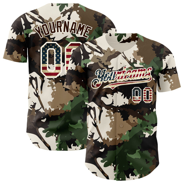 Custom Camo Vintage USA Flag Cream-Brown Woodland Forest Tactical Camouflage Outdoor Leaf Authentic Baseball Jersey