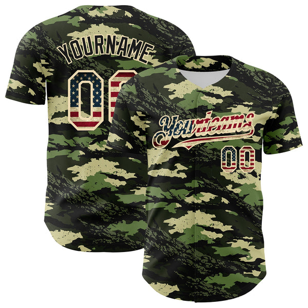 Custom Camo Vintage USA Flag Cream-Black Woodland Forest Tactical Camouflage Outdoor Leaf Authentic Baseball Jersey
