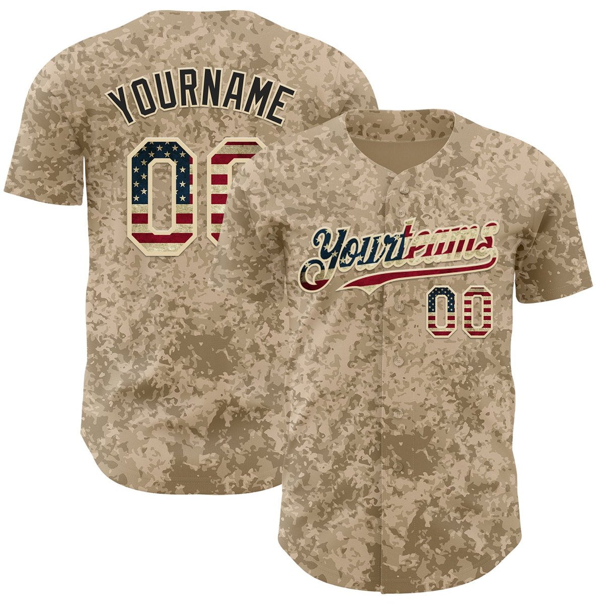Custom Camo Vintage USA Flag Cream-Black Geometric Camouflage Authentic Baseball Jersey