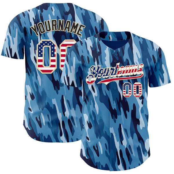 Custom Camo USA Flag City Cream-Black Blue Ocean Camouflage Authentic Baseball Jersey
