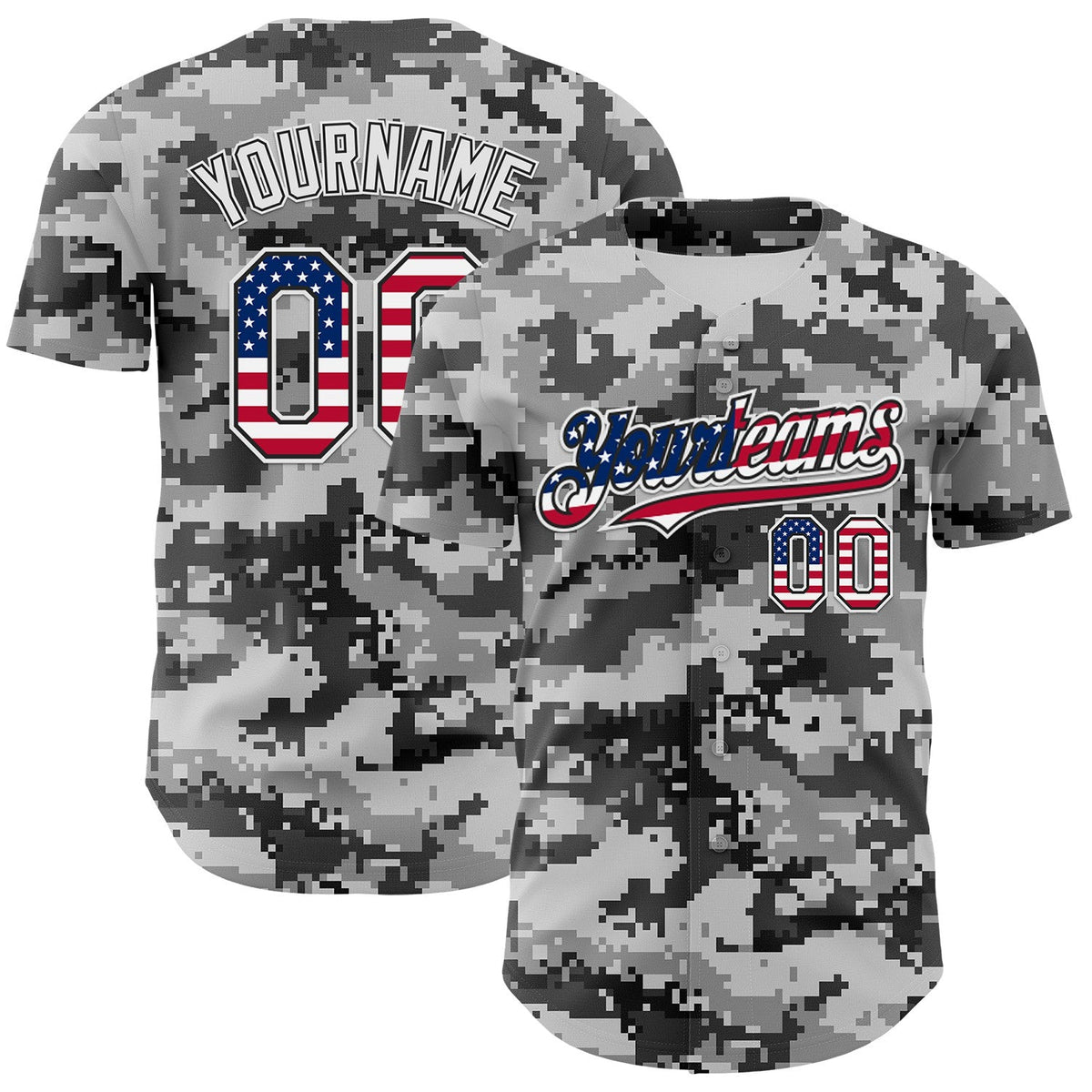 Custom Camo USA Flag Black-White Digital Camouflage Authentic Baseball Jersey
