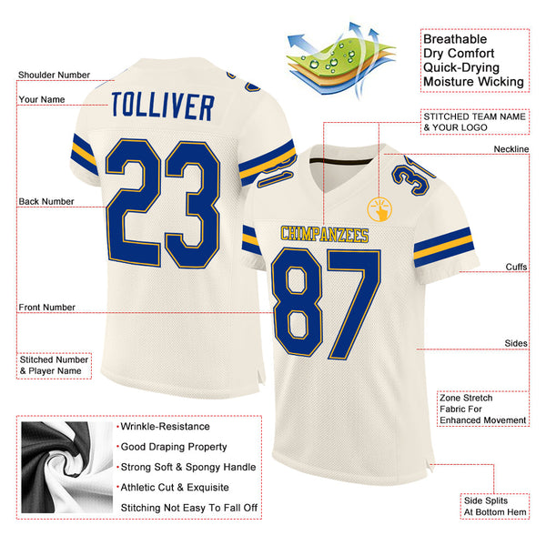 Custom Cream Royal-Gold Mesh Authentic Football Jersey alternate