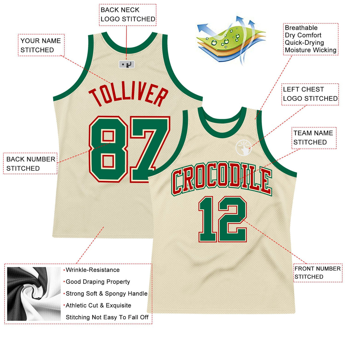 Custom Cream Kelly Green-Red Authentic Throwback Basketball Jersey - Back
