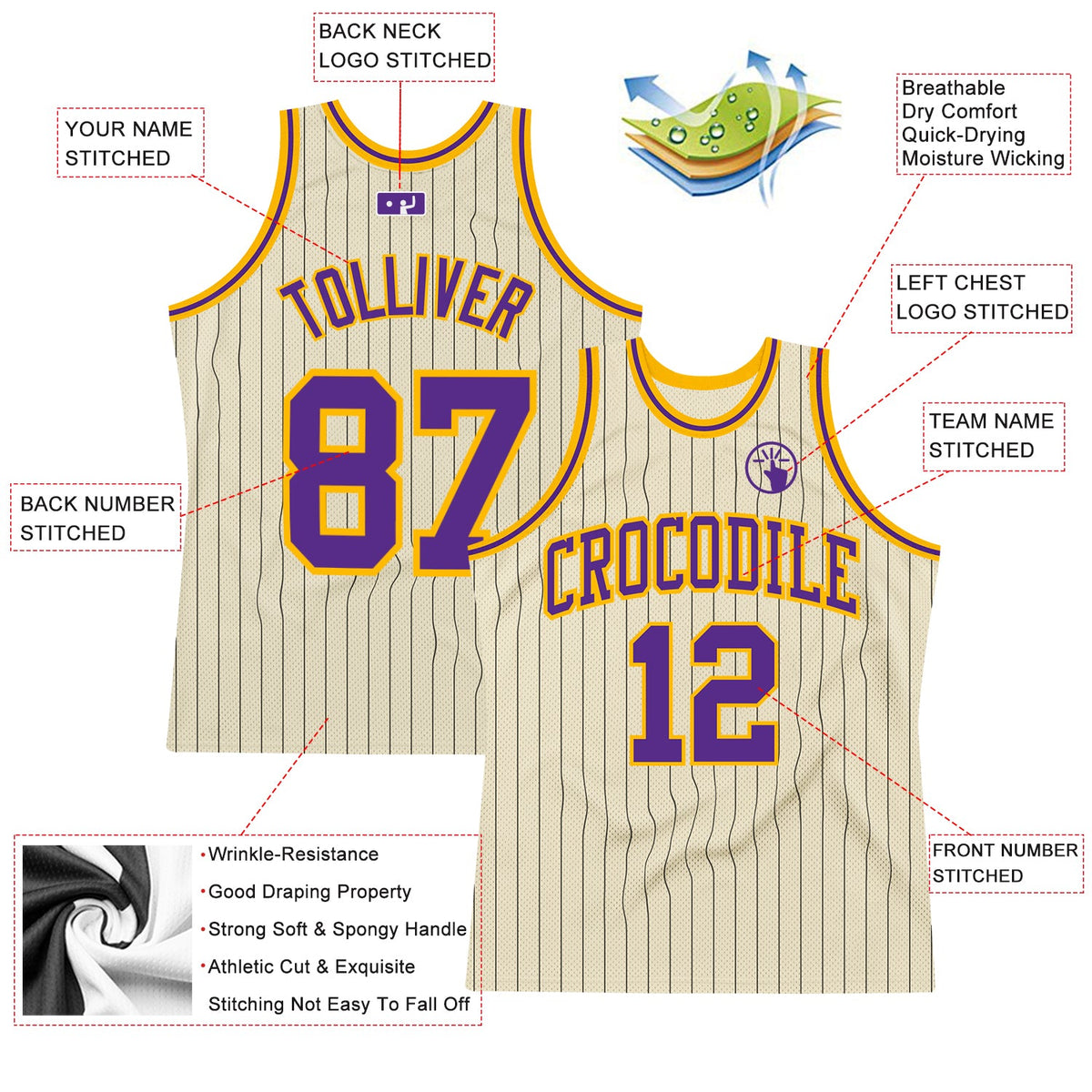 Custom Cream Black Pinstripe Purple-Gold Authentic Basketball Jersey - Front