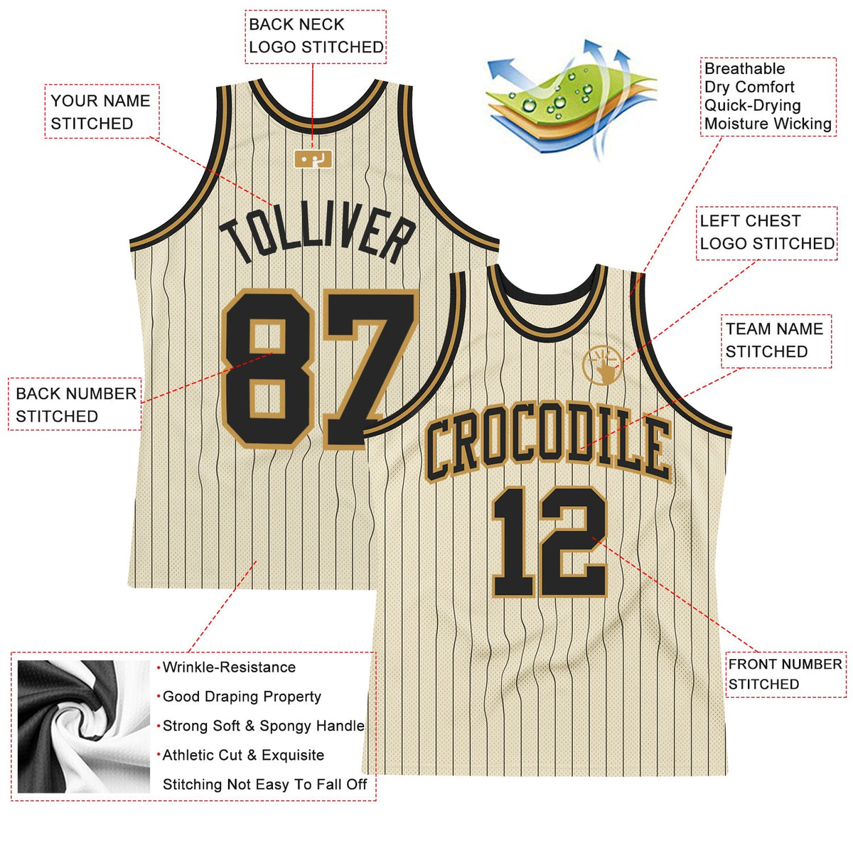 Custom Cream Black Pinstripe Black-Old Gold Authentic Basketball Jersey - Back