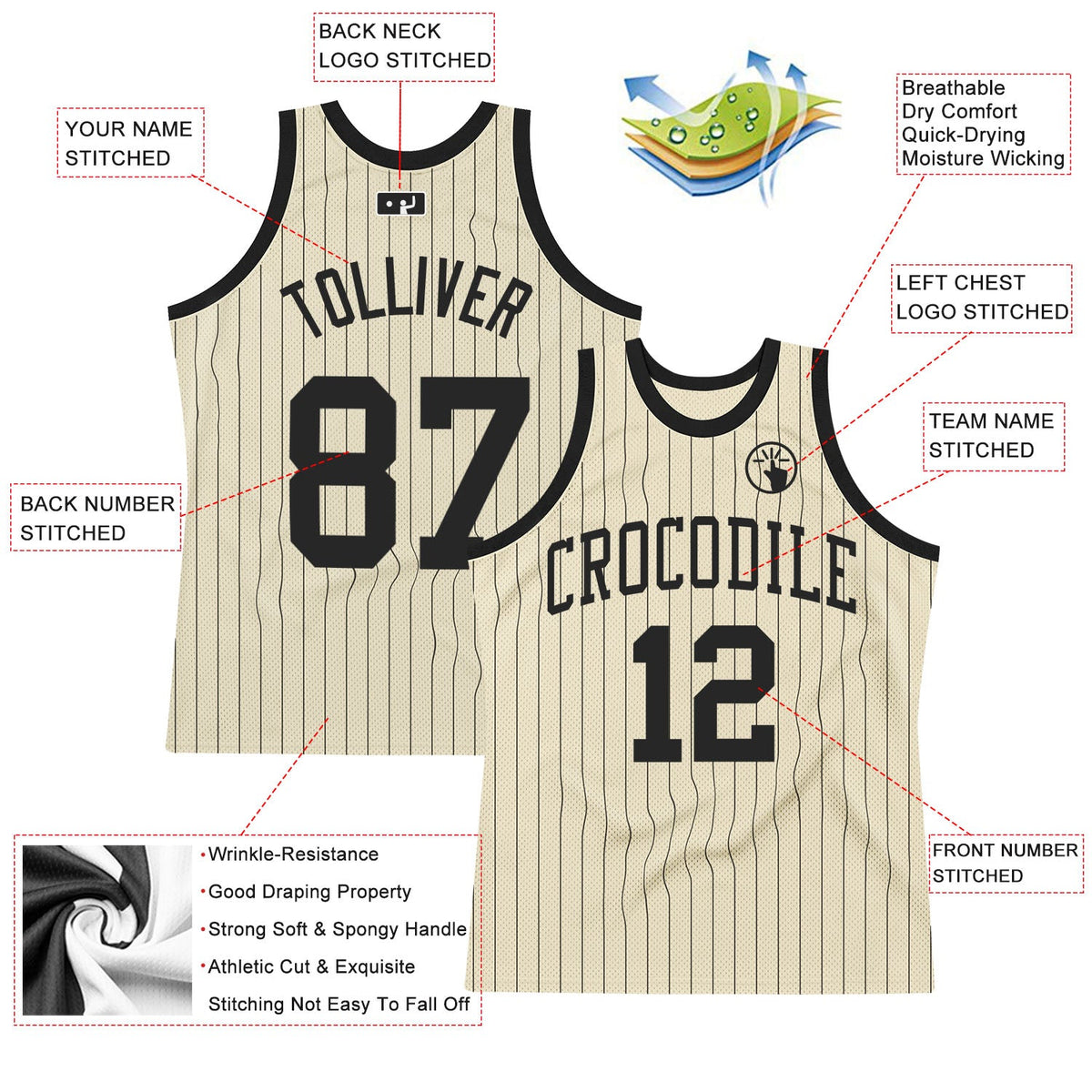 Custom Cream Black Pinstripe Black Authentic Basketball Jersey - Front