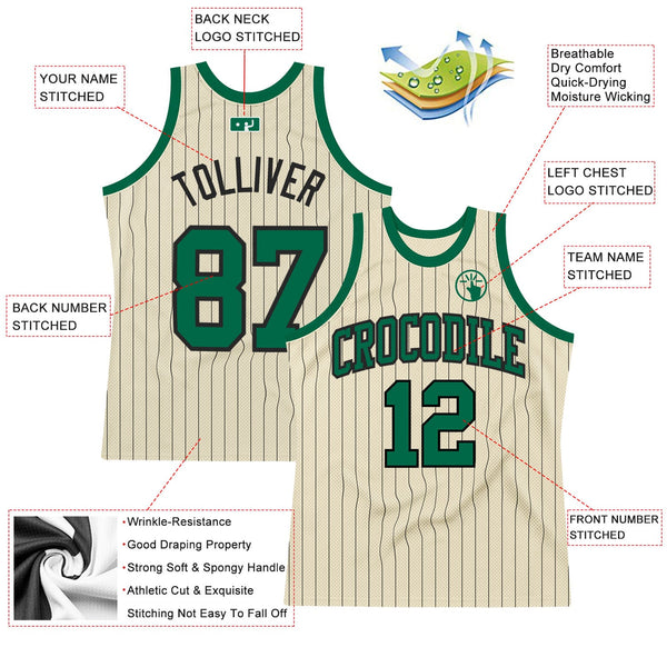 Custom Cream Black Pinstripe Kelly Green Authentic Basketball Jersey alternate