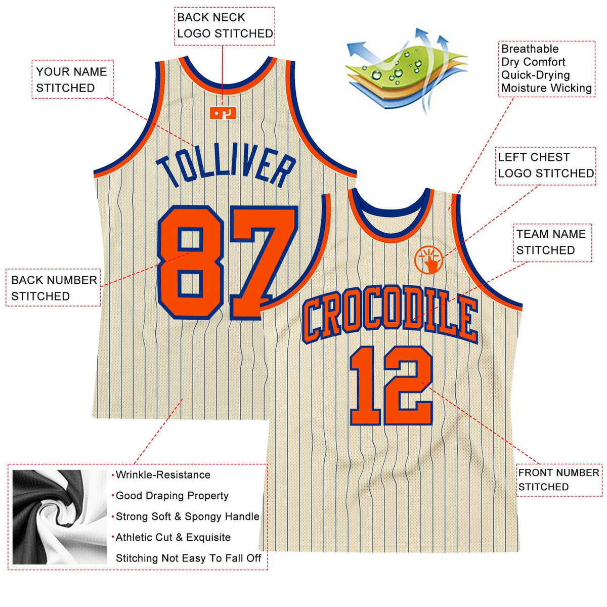 Custom Cream Royal Pinstripe Orange Authentic Basketball Jersey - Back
