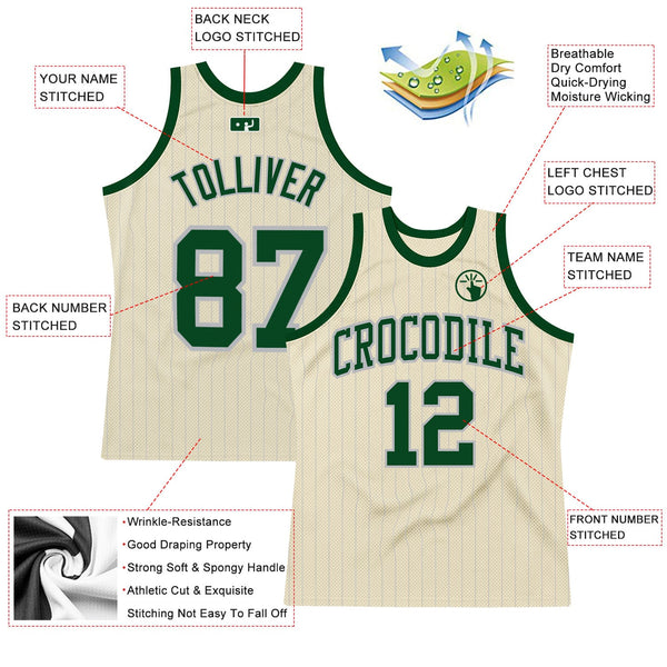 Custom Cream Gray Pinstripe Green Authentic Basketball Jersey alternate