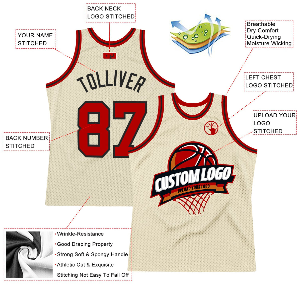 Custom Cream Red-Black Authentic Throwback Basketball Jersey - Front