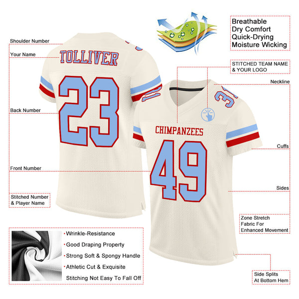 Custom Cream Light Blue-Red Mesh Authentic Football Jersey alternate