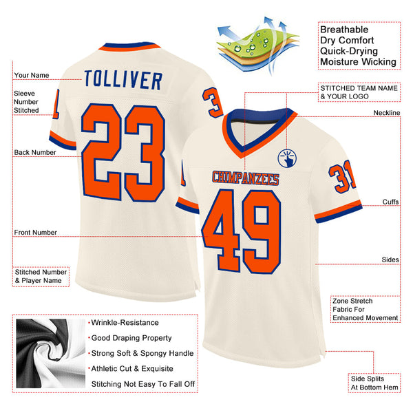 Custom Cream Orange-Royal Mesh Authentic Throwback Football Jersey alternate