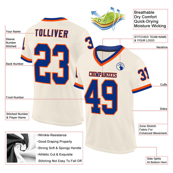 Custom Cream Royal-Orange Mesh Authentic Throwback Football Jersey alternate