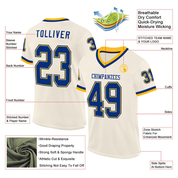 Custom Cream Royal-Gold Mesh Authentic Throwback Football Jersey alternate