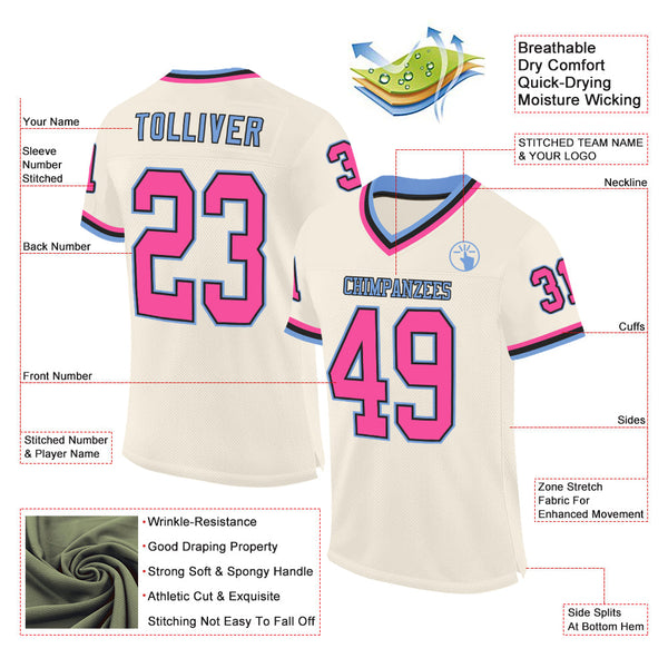 Custom Cream Pink Black-Light Blue Mesh Authentic Throwback Football Jersey alternate