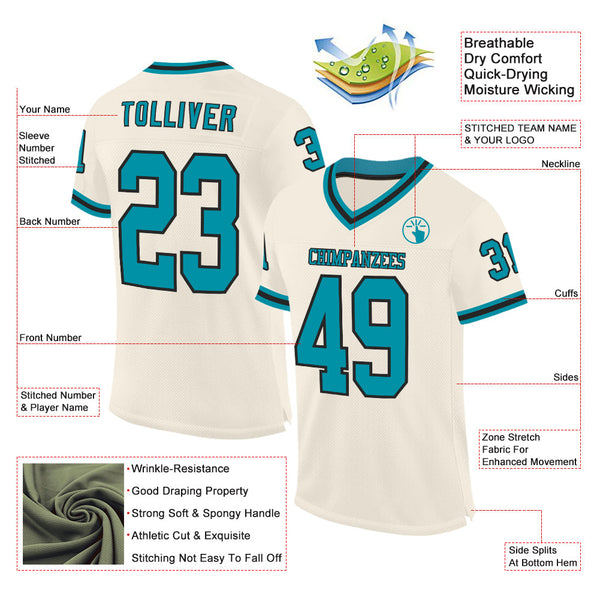 Custom Cream Teal-Black Mesh Authentic Throwback Football Jersey alternate