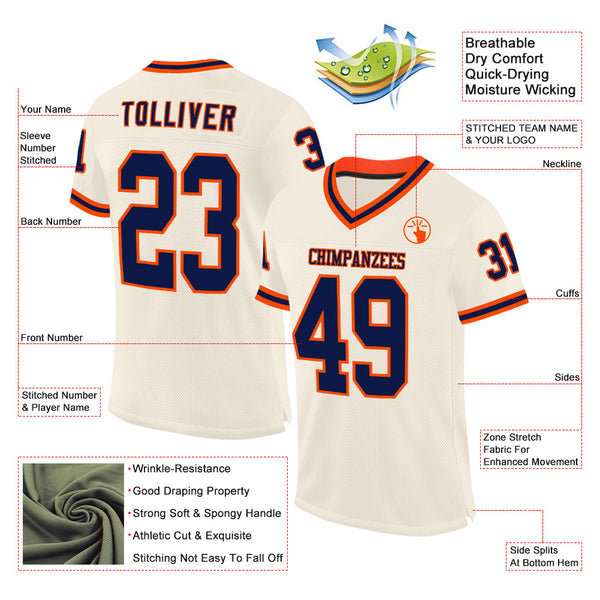 Custom Cream Navy-Orange Mesh Authentic Throwback Football Jersey alternate