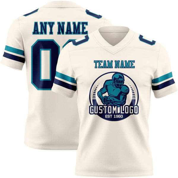 Custom Cream Navy-Teal Authentic Football Jersey alternate