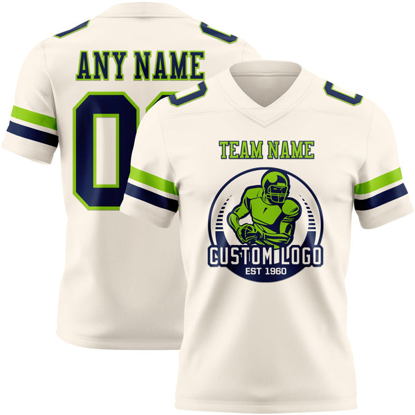 Custom Cream Navy-Neon Green Authentic Football Jersey alternate