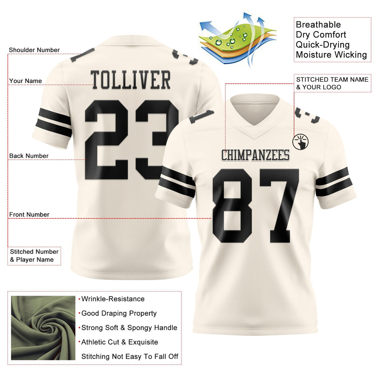 Custom Cream Black Authentic Football Jersey - Front