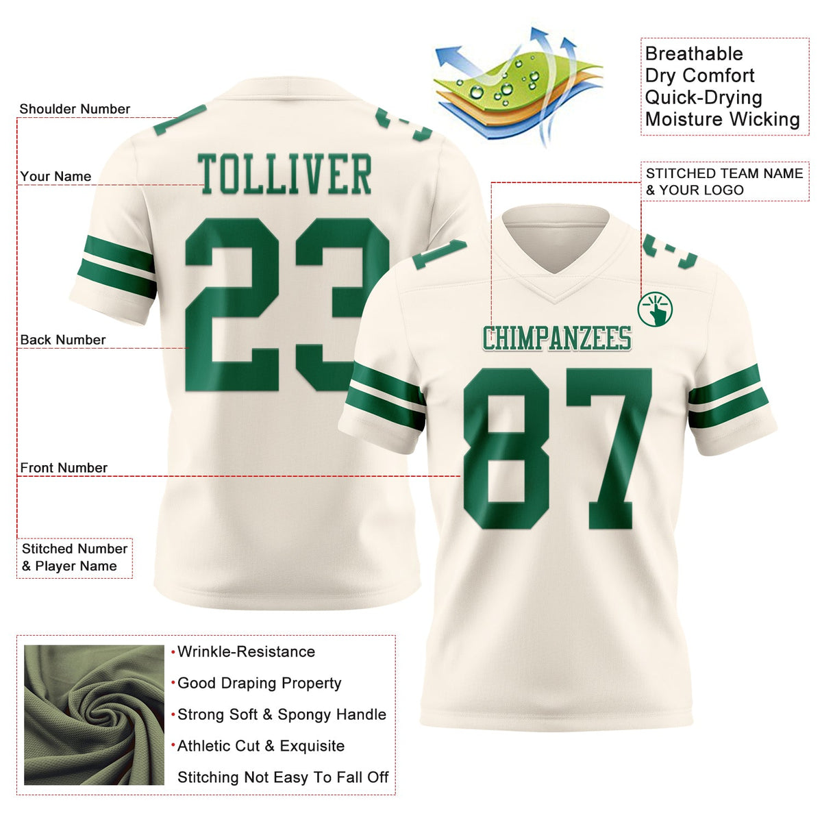 Custom Cream Kelly Green Authentic Football Jersey - Front