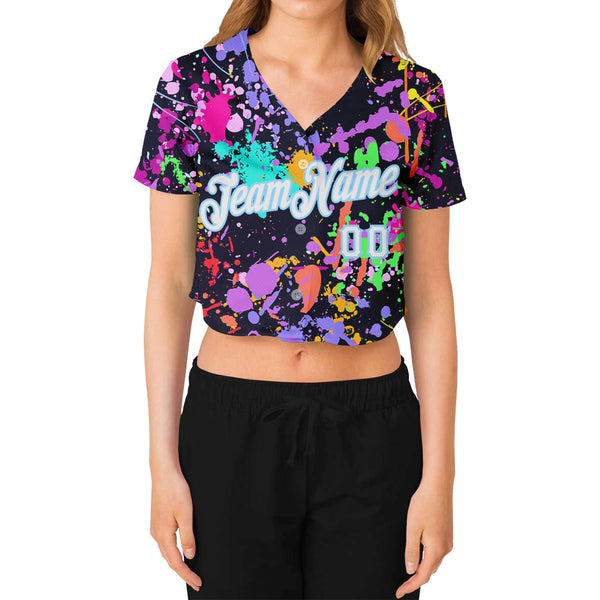 Custom Women's Graffiti Pattern White-Light Blue Splashes 3D V-Neck Cropped Baseball Jersey alternate