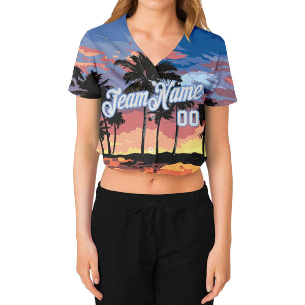 Custom Women's Light Blue White-Light Blue Hawaii Palm Trees 3D V-Neck Cropped Baseball Jersey alternate