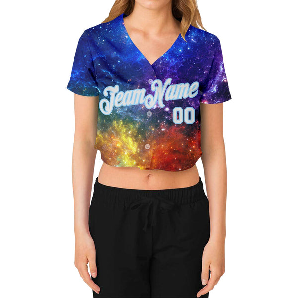 Custom Women's Galactic White-Light Blue 3D V-Neck Cropped Baseball Jersey alternate