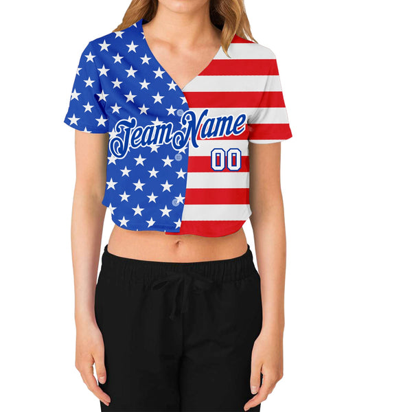 Custom Women's Royal White-Red American Flag Fashion 3D V-Neck Cropped Baseball Jersey alternate
