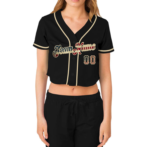Custom Women's Black Vintage USA Flag-Cream V-Neck Cropped Baseball Jersey alternate