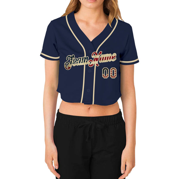 Custom Women's Navy Vintage USA Flag-Cream V-Neck Cropped Baseball Jersey alternate