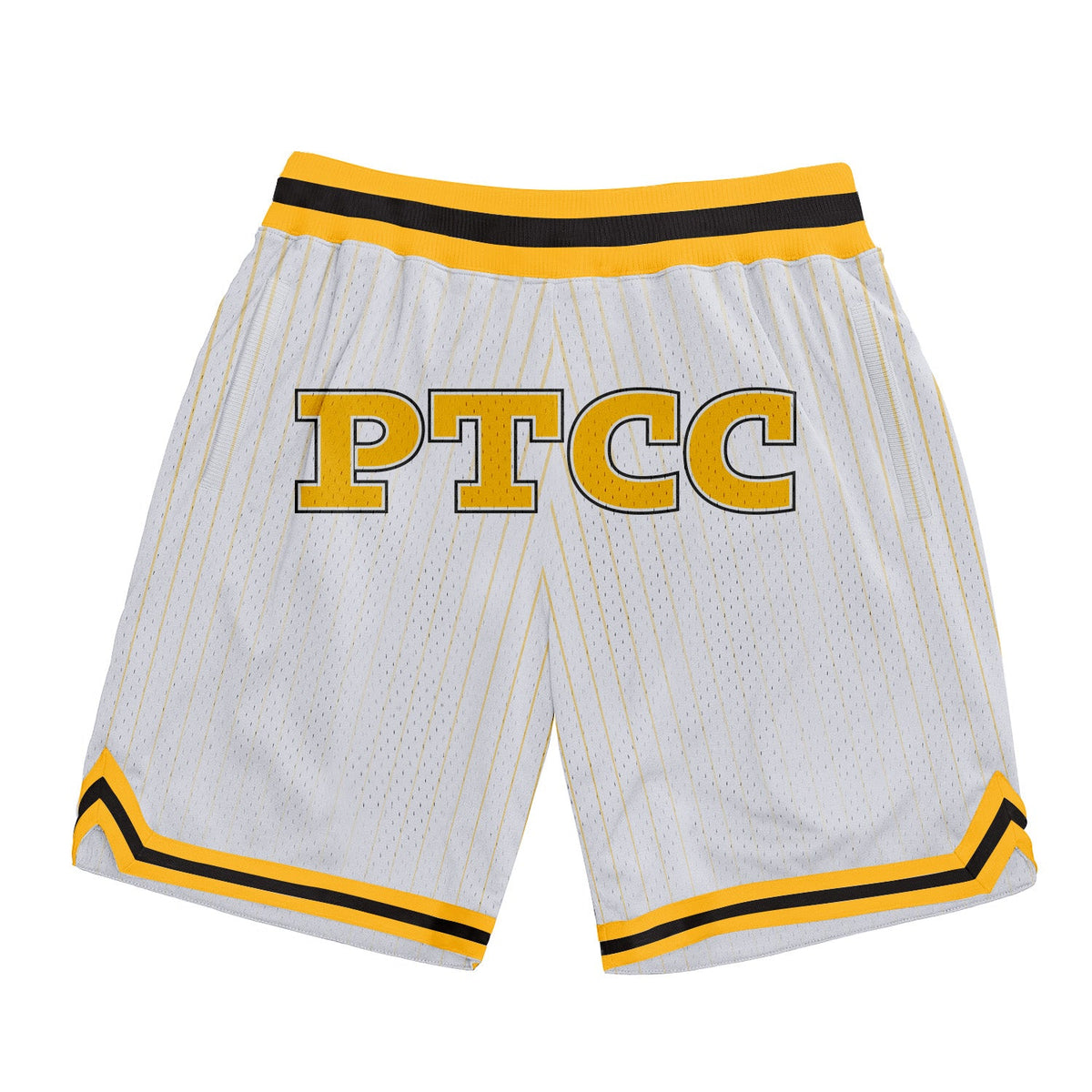 Custom White Pinstripe Gold-Black PTCC Authentic Basketball Shorts