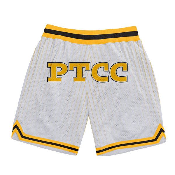 Custom White Pinstripe Gold-Black PTCC Authentic Basketball Shorts