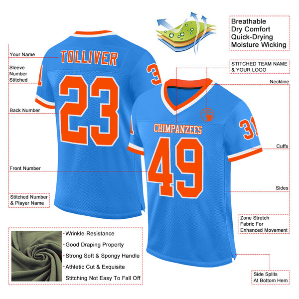 Custom Powder Blue Orange-White Mesh Authentic Throwback Football Jersey alternate