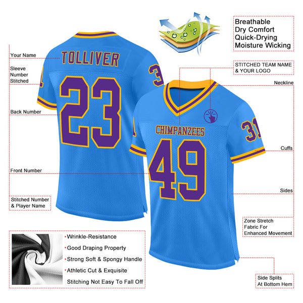 Custom Powder Blue Purple-Gold Mesh Authentic Throwback Football Jersey alternate