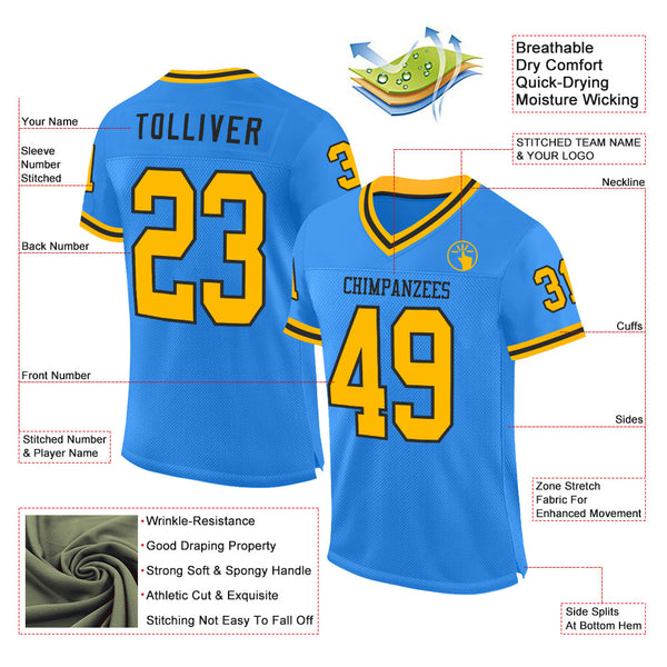 Custom Powder Blue Gold-Black Mesh Authentic Throwback Football Jersey alternate