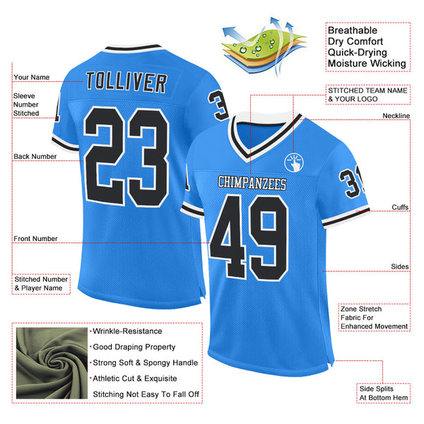 Custom Powder Blue Black-White Mesh Authentic Throwback Football Jersey alternate